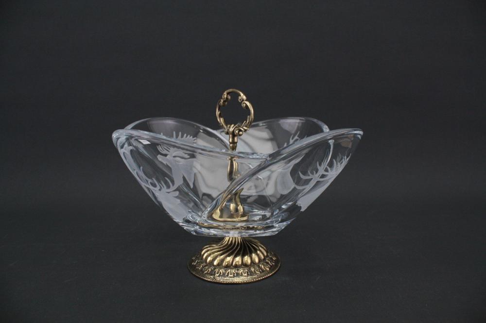 BOHEMIA GLOBUS Misa kryształowa na podstawie mosiężnej z grawerem myśliwskim 25 cm
